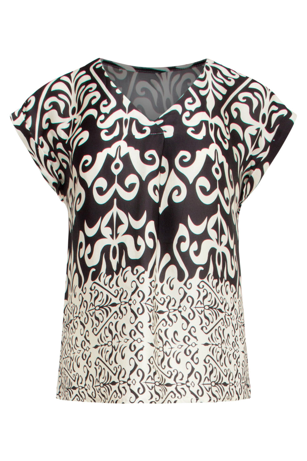 25088 Zwart-Witte Satijnen Top Met Ornamentenprint