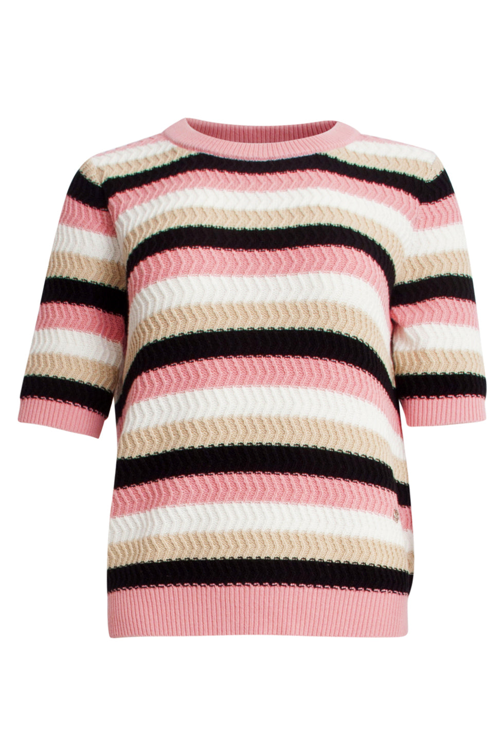 25109 Gebreide Trui Met Roze, Sand En Zwart Colourblock