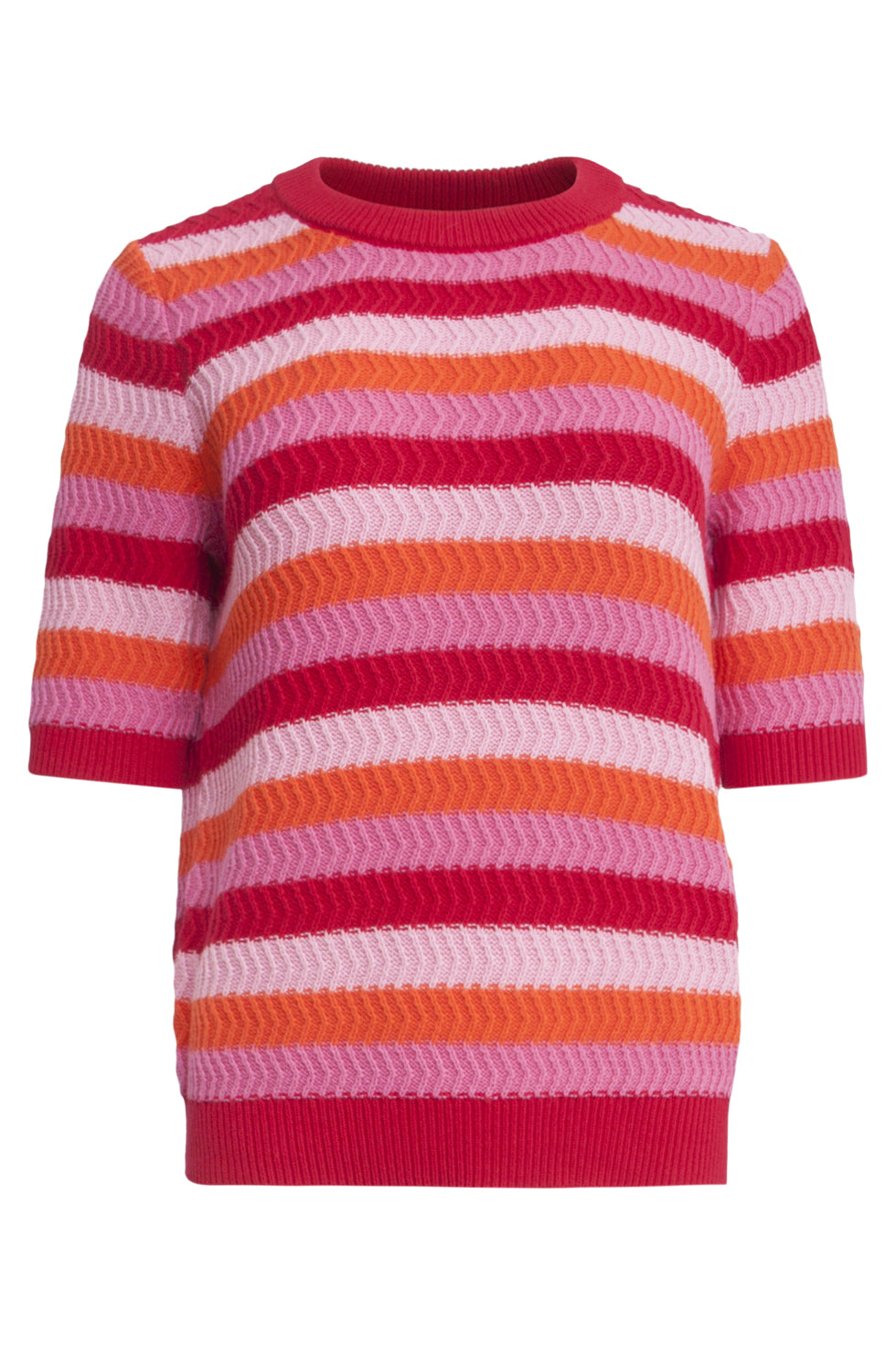 25110 Gebreide Trui Met Rood, Roze Tinten, En Oranje Colourblock