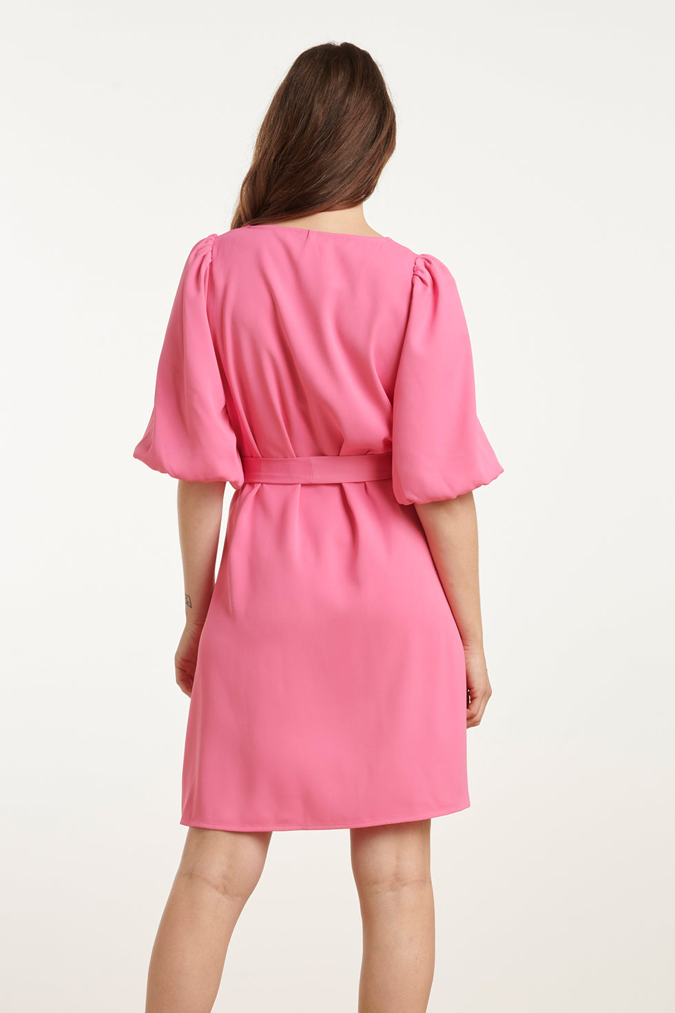 25152 Balloon Sleeve Kort Jurk In Roze