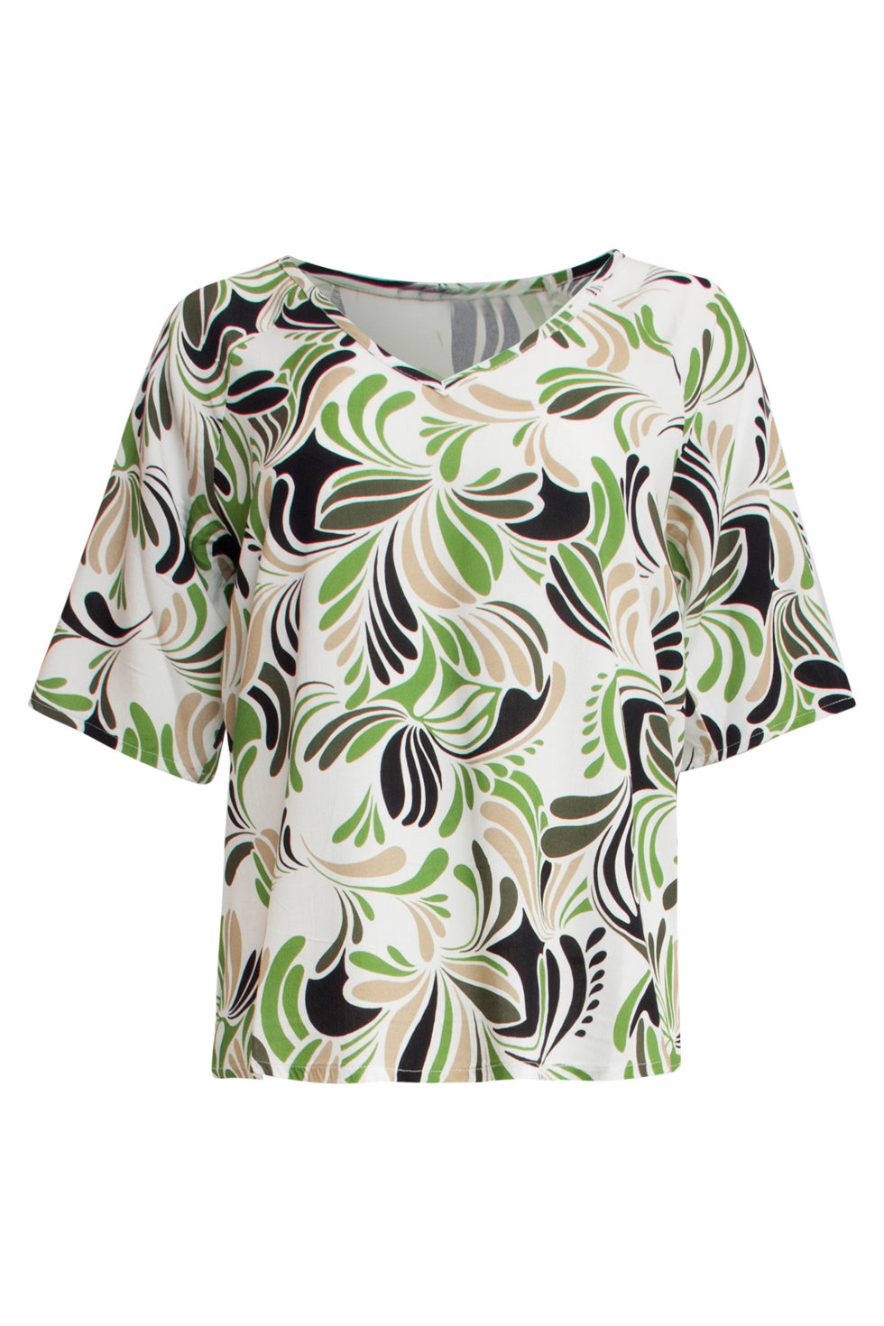 25154 Witte Top Met Grafisch Print In Zand, Zwart En Matcha Groen