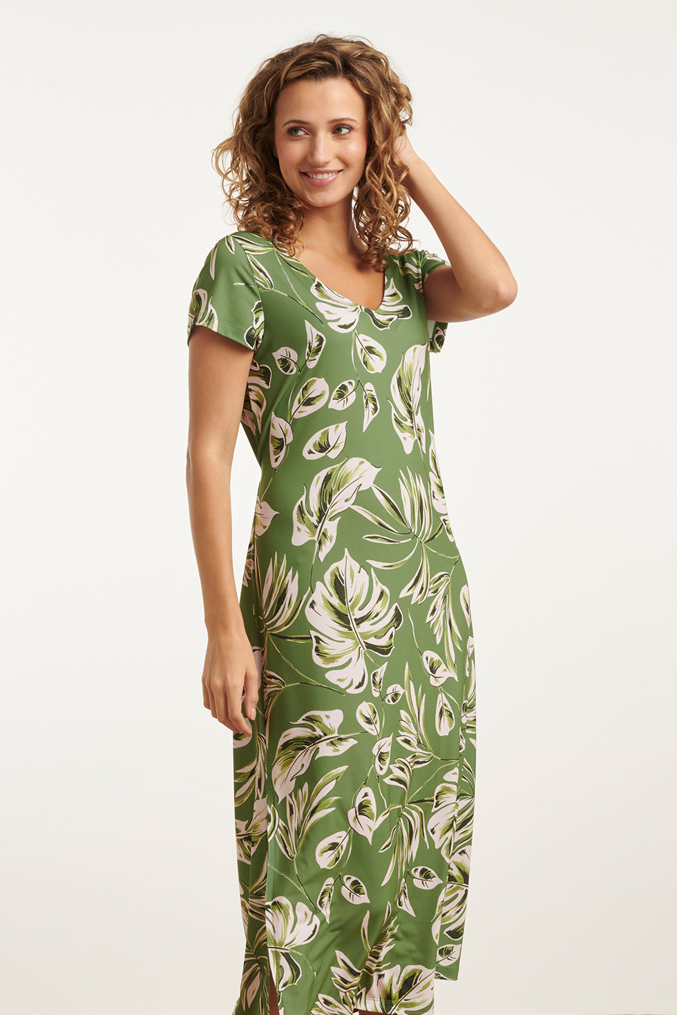 25159 Groene Leaf Print Stretch Midi Jurk