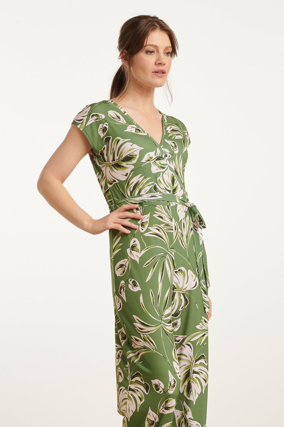 25160 Groene Leaf Print Stretch Jumpsuit