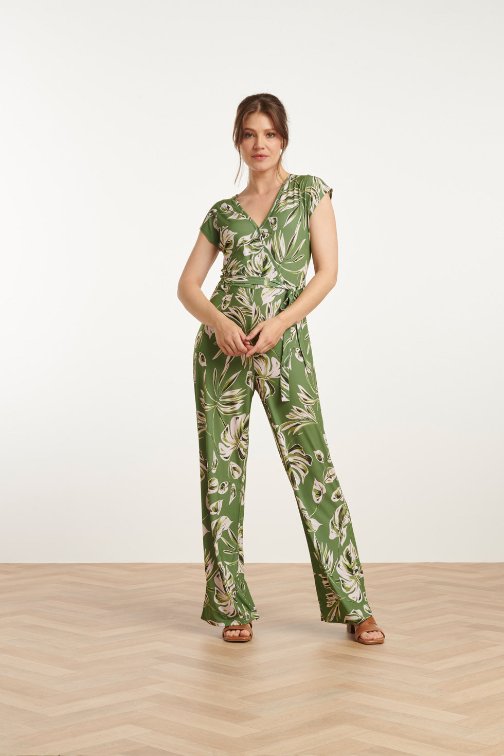 25160 Groene Leaf Print Stretch Jumpsuit