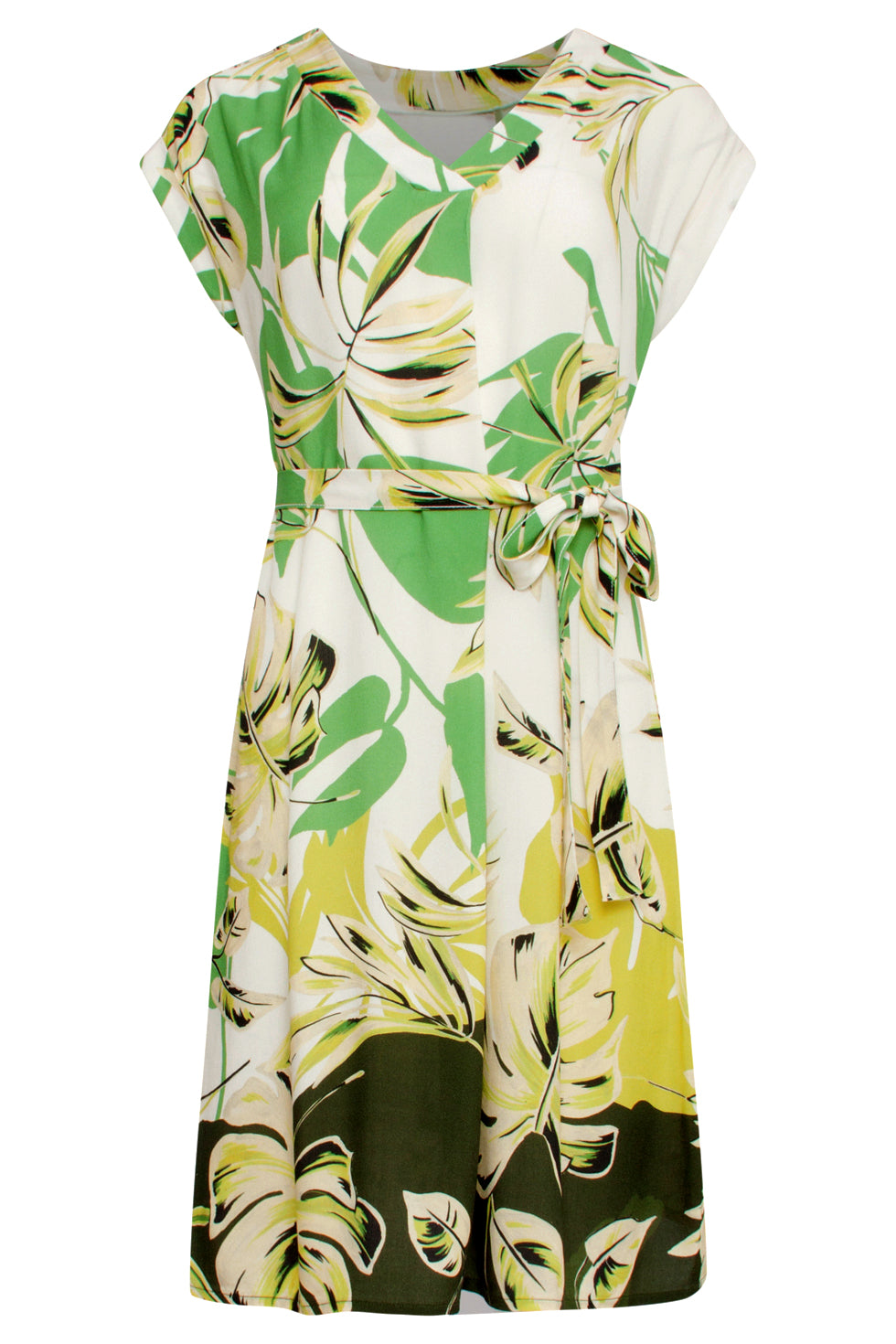 25162 Groene En Off White Bladprint Jurk Met V-Hals