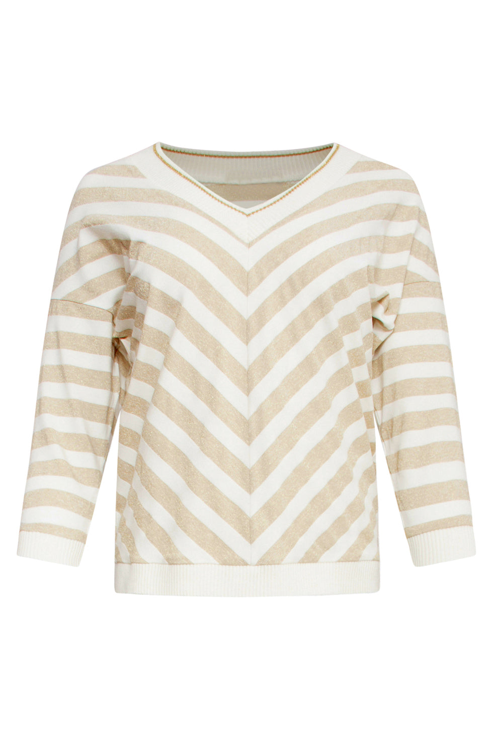 25180 Off White En Gouden Top Met Chevron Streepprint