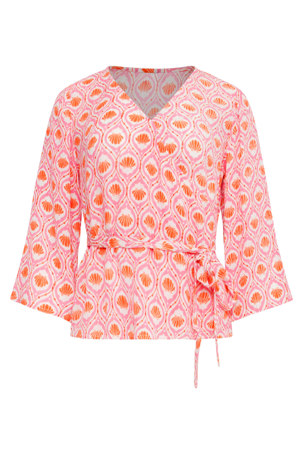 25184 Wrap Top Met Schelpenprint In Perzik En Roze