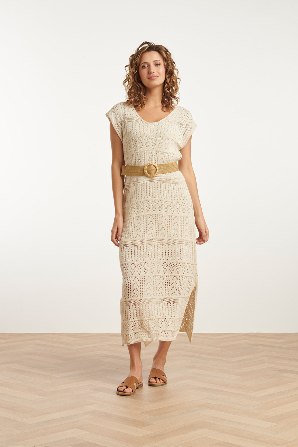 25214 Off White Crochet Midi Jurk