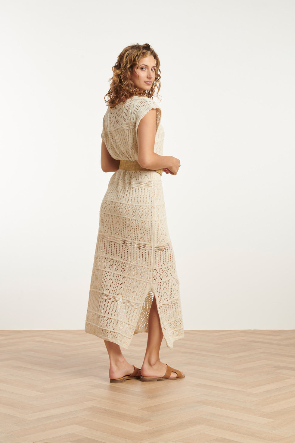 25214 Off White Crochet Midi Jurk