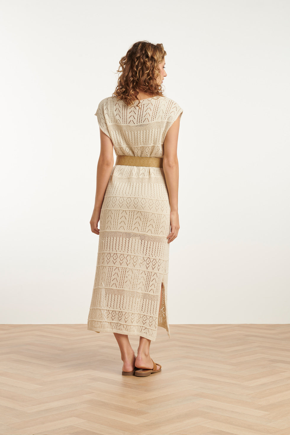 25214 Off White Crochet Midi Jurk