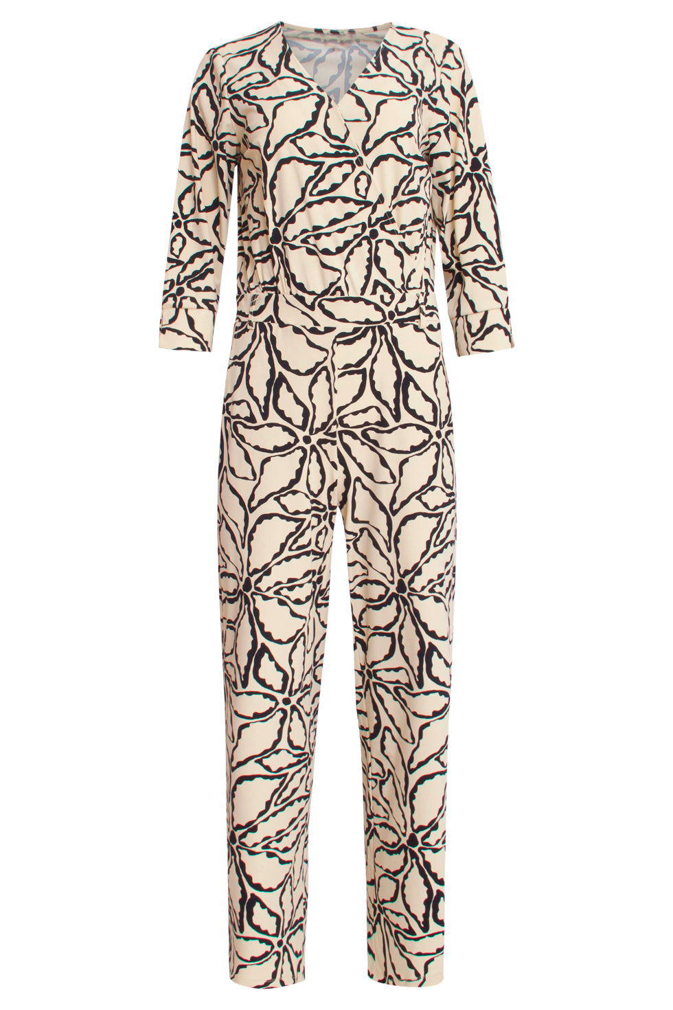 25241 Jumpsuit Met Zand En Zwarte Bloemenprint In Travel Kwaliteit