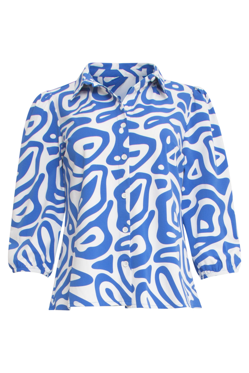 25249 Cobaltblauwe En Witte Graphic Geprinte Blouse In Travelkwaliteit