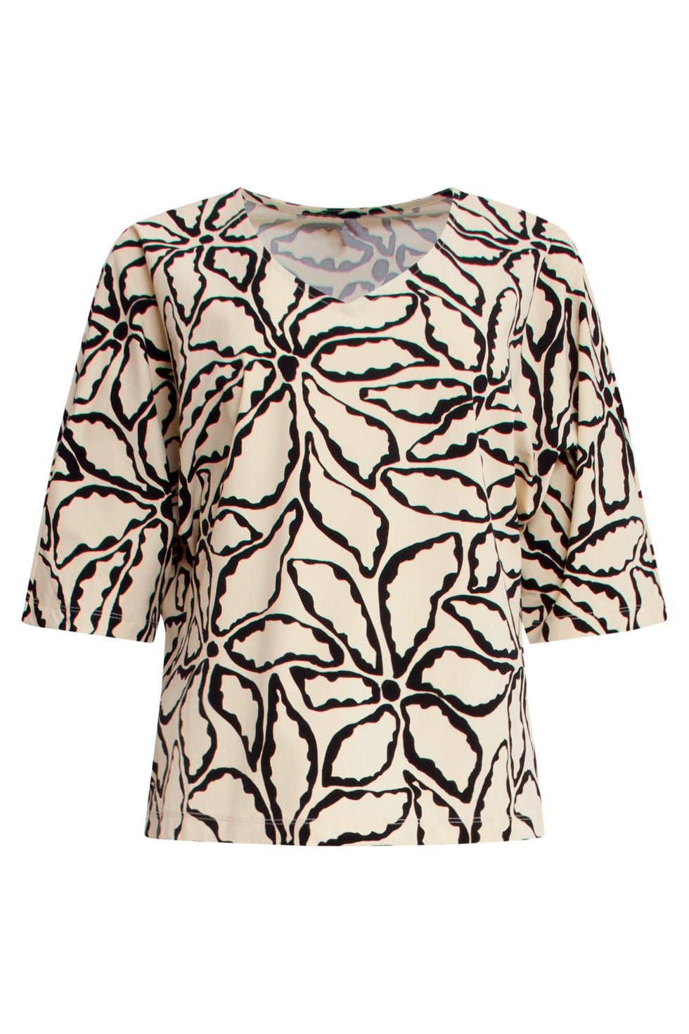 25258 Zand En Zwart Bloemenprint Top In Travelkwaliteit