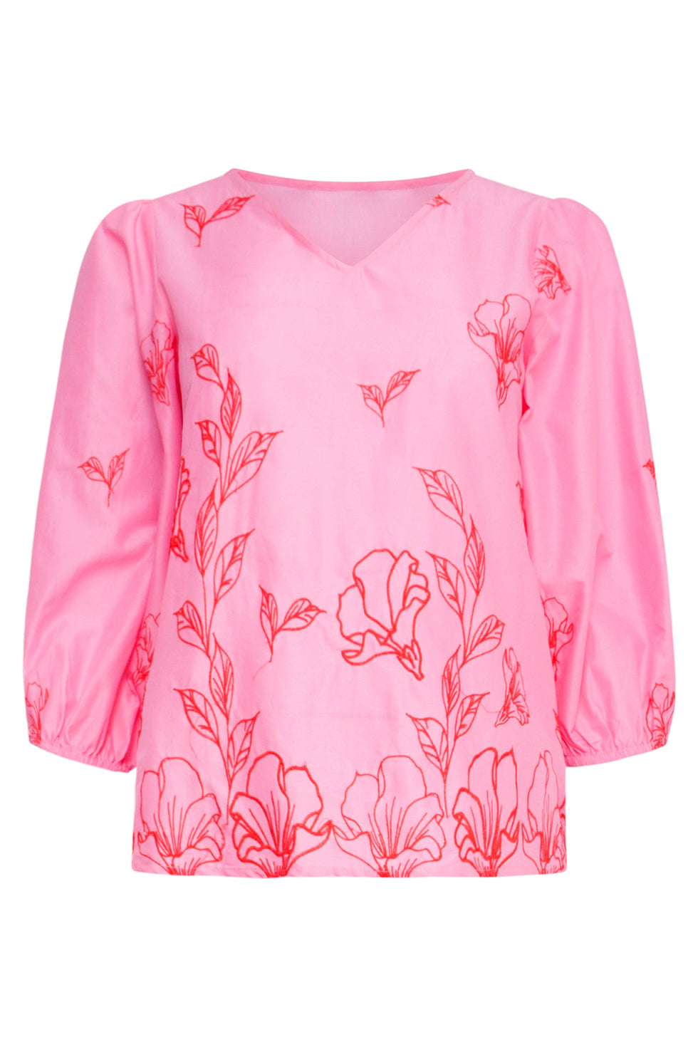 25262 Roze Top Met Rode Bloemenborduursels En V-Hals