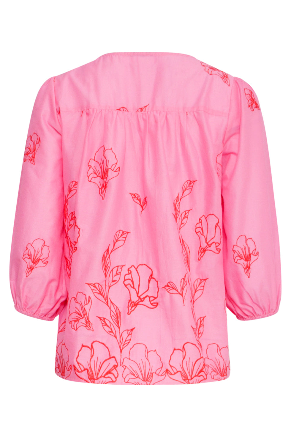 25262 Roze Top Met Rode Bloemenborduursels En V-Hals