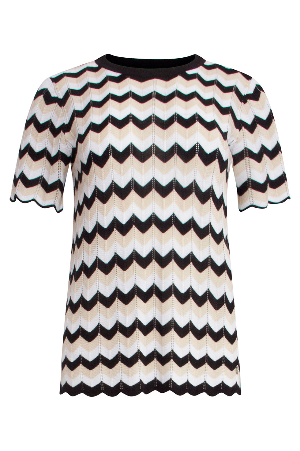 25266 Zigzag Gebreide Top In Off-White, Zwart En Sand