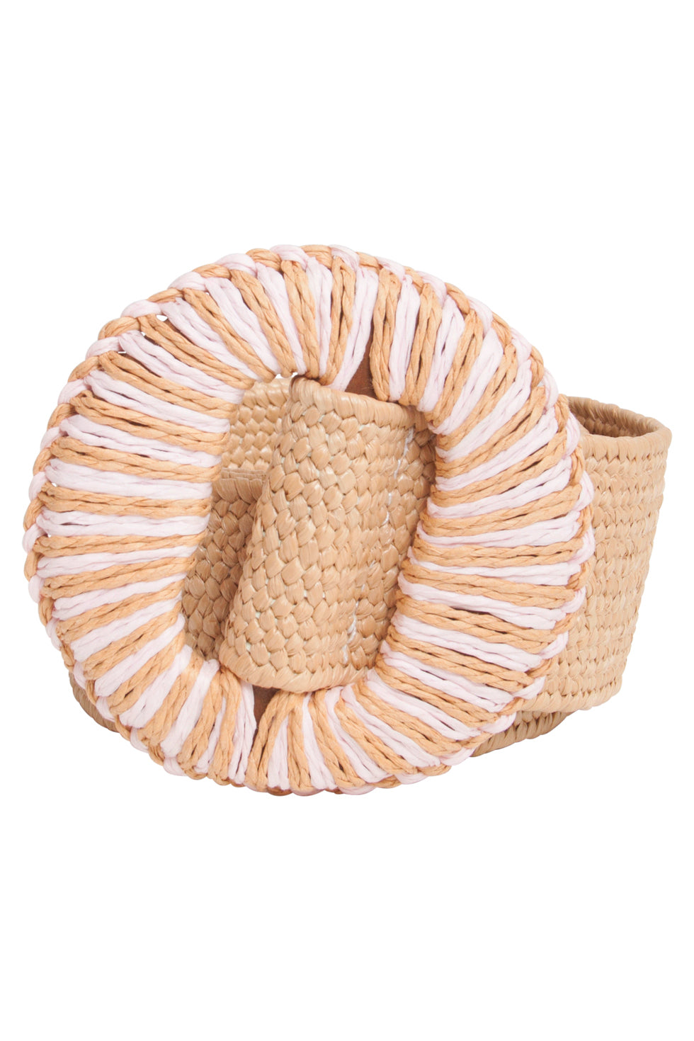 53012 Stretchriem Donker Sand Met Ronde Wicker Gesp In Off-White En Lichtroze