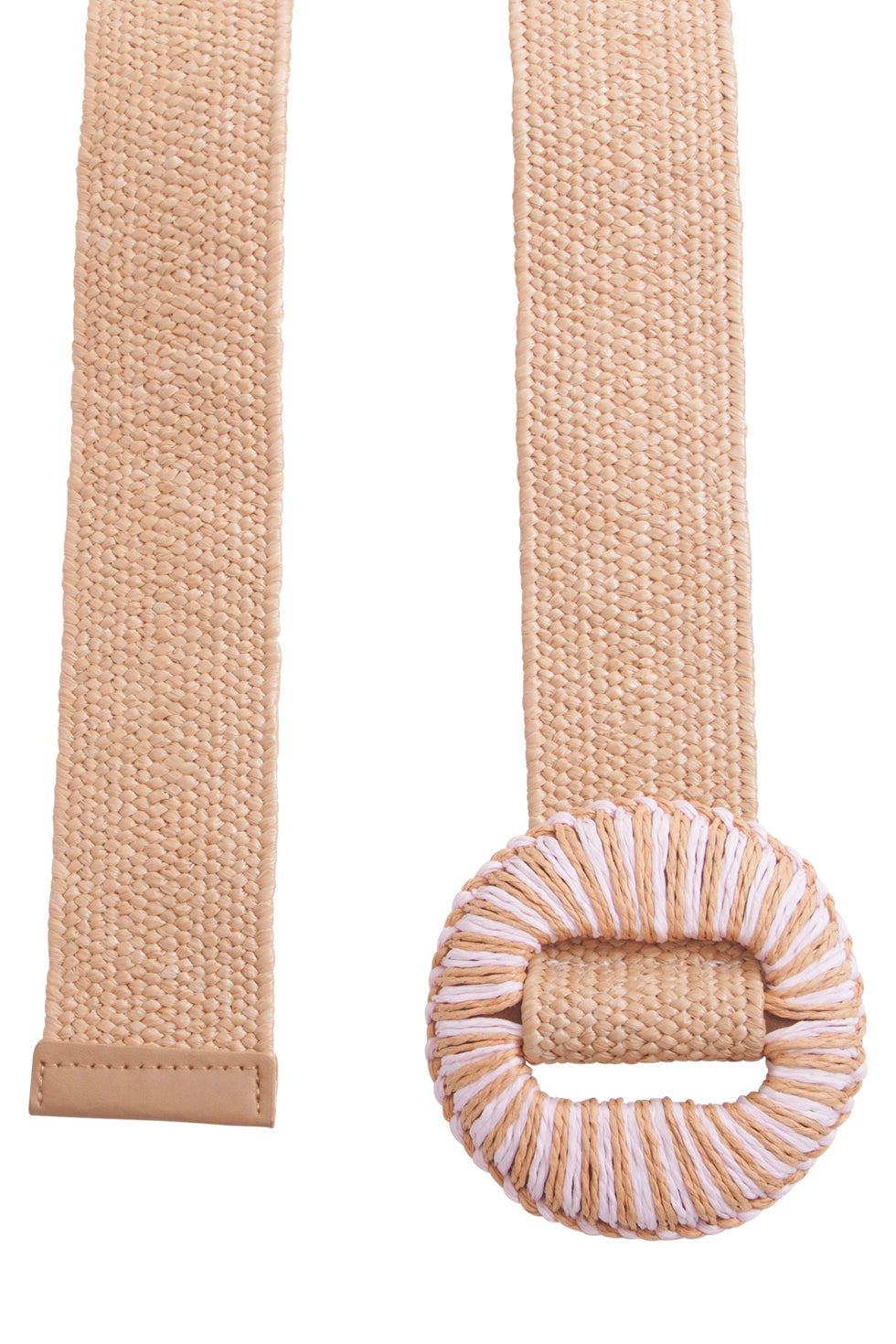 53012 Stretchriem Donker Sand Met Ronde Wicker Gesp In Off-White En Lichtroze