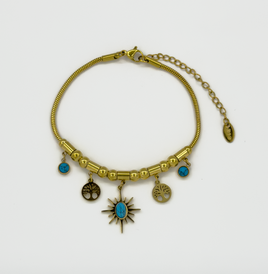 62050 Fijne Gouden Roestvrijstalen Armband Met Bohemian Turquoise Hangers